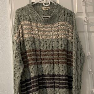 Listicle Men's Green and Brown Striped Crewneck Sweater
